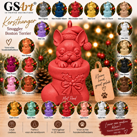 GSArt Christmas Ornament Dog Snuggler Boston Terrier &ndash; 3D Printed Christmas Tree Ornament &ndash; Dog Christmas Decoration