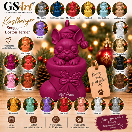 GSArt Christmas Ornament Dog Snuggler Boston Terrier &ndash; 3D Printed Christmas Tree Ornament &ndash; Dog Christmas Decoration