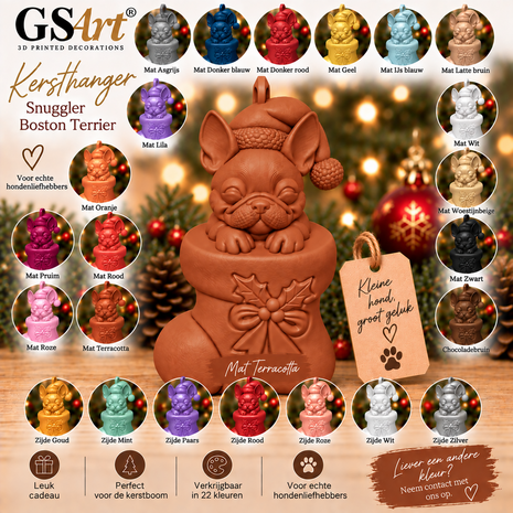 GSArt Christmas Ornament Dog Snuggler Boston Terrier &ndash; 3D Printed Christmas Tree Ornament &ndash; Dog Christmas Decoration