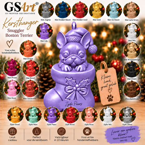 GSArt Christmas Ornament Dog Snuggler Boston Terrier &ndash; 3D Printed Christmas Tree Ornament &ndash; Dog Christmas Decoration