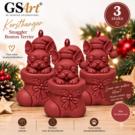 GSArt Kersthanger Hond Snuggler Boston Terrier 3 Stuks &ndash; 3D Geprinte Kerstboom Hangers &ndash; Mat Donkerrood