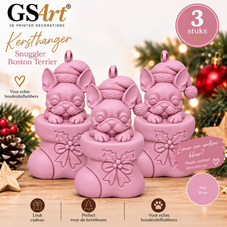GSArt Kersthanger Hond Snuggler Boston Terrier 3 Stuks &ndash; 3D Geprinte Kerstboom Hangers &ndash; Mat Roze