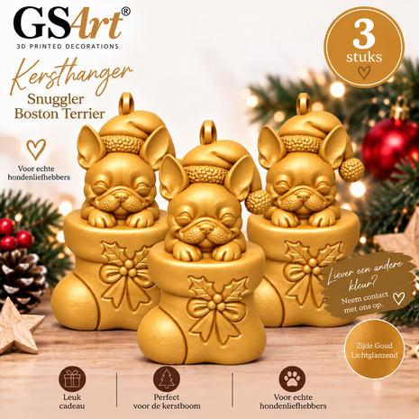 GSArt Suspension de No&euml;l Chien Snuggler Boston Terrier Lot de 3 &ndash; D&eacute;corations de Sapin Imprim&eacute;es en 3D &ndash; Zijde Goud