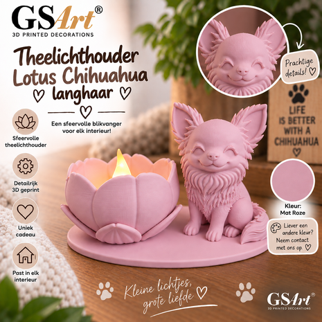 GSArt Theelichthouder Lotus Chihuahua Langhaar Hond &ndash; 3D Geprint &ndash; Inclusief LED Theelichtje - Mat Roze