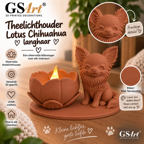 GSArt Photophore Lotus Chihuahua &agrave; Poil Long Chien &ndash; Imprim&eacute; en 3D &ndash; Bougie LED Incluse - Mat Terracotta