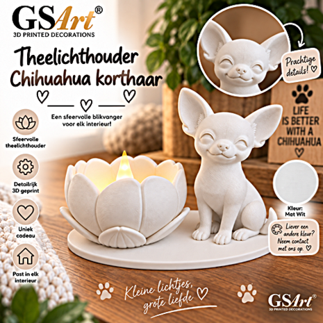 GSArt Theelichthouder Lotus Chihuahua Korthaar Hond &ndash; LED &ndash; Mat Wit