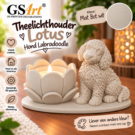 GSArt Theelichthouder Lotus Labradoodle Hond &ndash; LED &ndash; Mat Bot wit