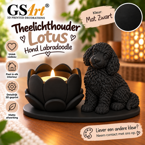 GSArt Theelichthouder Lotus Labradoodle Hond &ndash; LED &ndash; Mat Zwart