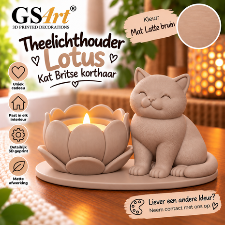 GSArt Theelichthouder Lotus Britse Korthaar Kat &ndash; LED &ndash; Mat Lattebruin