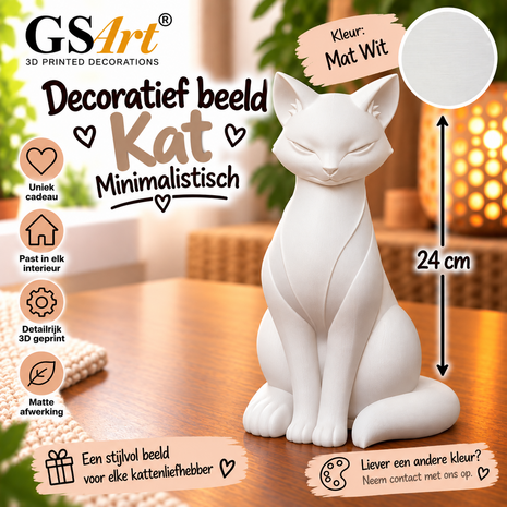 GSArt Decoratief Beeld Kat Minimalistisch 24 cm &ndash; 3D Geprint &ndash; Mat Wit