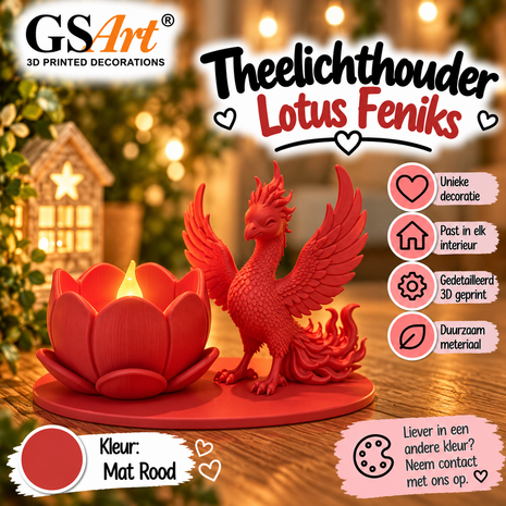 GSArt Theelichthouder Lotus Feniks &ndash; Inclusief LED Theelichtje &ndash; 3D Geprint - Mat Rood