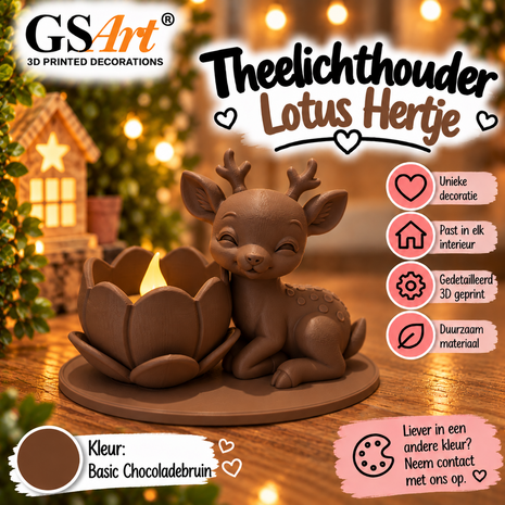 GSArt Theelichthouder Lotus Hertje &ndash; Inclusief LED Theelichtje &ndash; 3D Geprint - Basic Chocoladebruin