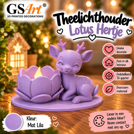 GSArt Theelichthouder Lotus Hertje &ndash; Inclusief LED Theelichtje &ndash; 3D Geprint - Mat Lila