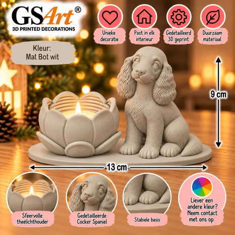 GSArt Theelichthouder Lotus Hond Cocker Spaniel &ndash; Inclusief LED Theelichtje - Mat Bot Wit