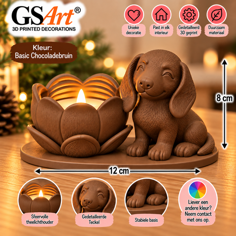 GSArt Theelichthouder Lotus Hond Teckel &ndash; Inclusief LED Theelichtje - Basic Chocoladebruin