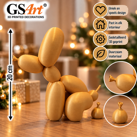 GSArt Poepende Ballon Hond 20 cm &ndash; Decoratief Beeld &ndash; 3D Geprint - Basic Goud