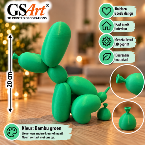 GSArt Poepende Ballon Hond 20 cm &ndash; Grappig Decoratief Beeld &ndash; 3D Geprint - Basic Bambu groen