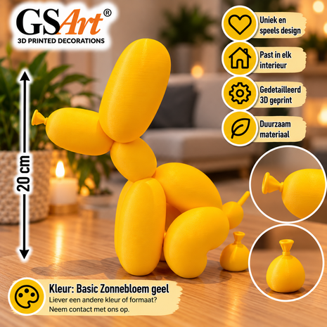 GSArt Poepende Ballon Hond 20 cm &ndash; Grappig Decoratief Beeld &ndash; Basic Zonnebloem Geel