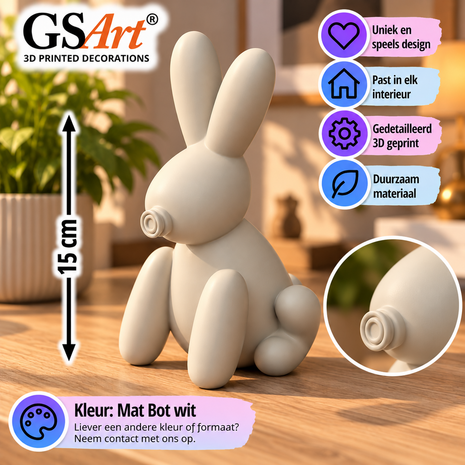 GSArt Decoratief Beeld Ballon Konijn 15 cm &ndash; 3D Geprint &ndash; Woondecoratie - Mat Bot Wit