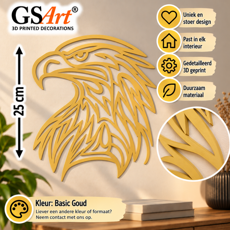 GSArt Wanddecoratie Adelaar 25 cm &ndash; 3D Geprinte Muurdecoratie &ndash; Adelaarskop - Basic Goud