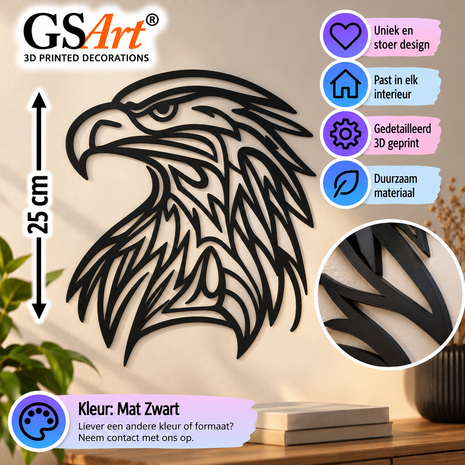 GSArt Wanddecoratie Adelaar 25 cm &ndash; 3D Geprinte Muurdecoratie &ndash; Adelaarskop - Mat Zwart