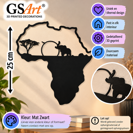 GSArt Wanddecoratie Afrika 25 cm &ndash; Olifant en Savanne &ndash; 3D Geprint - Mat Zwart