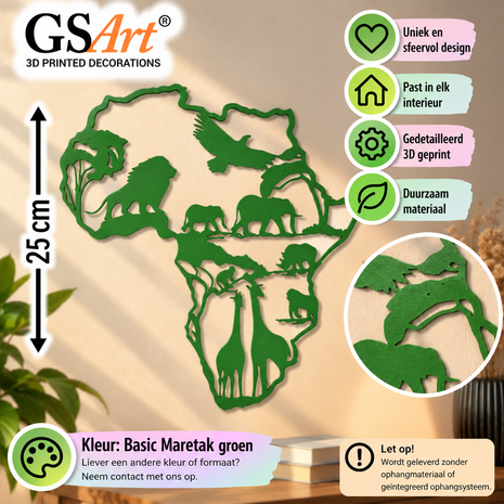 GSArt Wanddecoratie Afrika met Dieren 25 cm &ndash; 3D Geprinte Muurdecoratie - Basic Maretakgroen