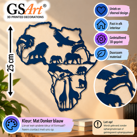 GSArt Wanddecoratie Afrika met Dieren 25 cm &ndash; 3D Geprinte Muurdecoratie - Mat Donkerblauw