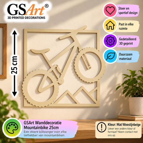 GSArt Wanddecoratie Mountainbike 25 cm &ndash; 3D Geprint &ndash; Fiets Muurdecoratie - Mat Woestijnbeige