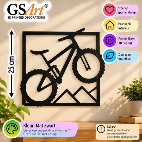 GSArt Wanddecoratie Mountainbike 25 cm &ndash; 3D Geprint &ndash; Fiets Muurdecoratie - Mat Zwart