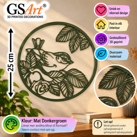 GSArt Wanddecoratie Vogel tussen Bladeren 25 cm &ndash; 3D Geprinte Muurdecoratie - Mat Donkergroen