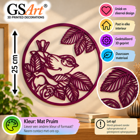 GSArt Wanddecoratie Vogel tussen Bladeren 25 cm &ndash; 3D Geprinte Muurdecoratie - Mat Pruim