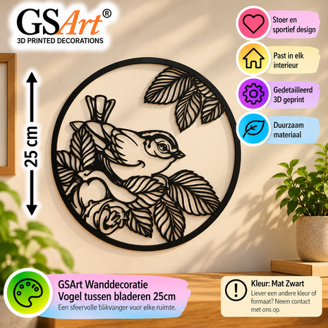 GSArt Wanddecoratie Vogel tussen Bladeren 25 cm &ndash; 3D Geprinte Muurdecoratie - Mat Zwart