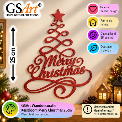 GSArt Wanddecoratie Kerstboom Merry Christmas 25 cm &ndash; Kerstdecoratie - Mat Donkerrood