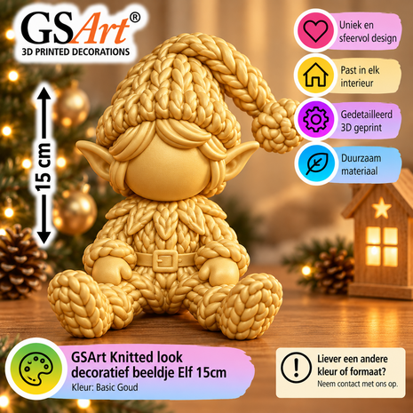 GSArt Knitted Look Kerst Elf Beeldje 15 cm &ndash; Gebreide Look Kerstdecoratie - Basic Goud