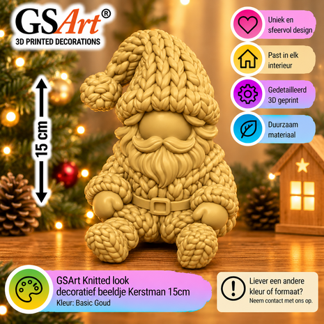 GSArt Knitted Look Kerstman Beeldje 15 cm &ndash; Gebreide Look Kerstdecoratie - Basic Goud