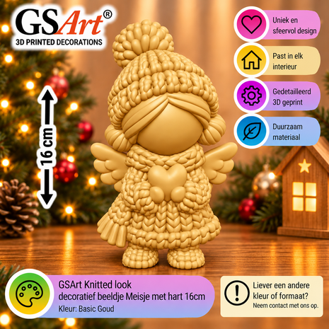 GSArt Knitted Look Meisje met Hart 16 cm &ndash; Kerst Engel Beeldje - Basic Goud