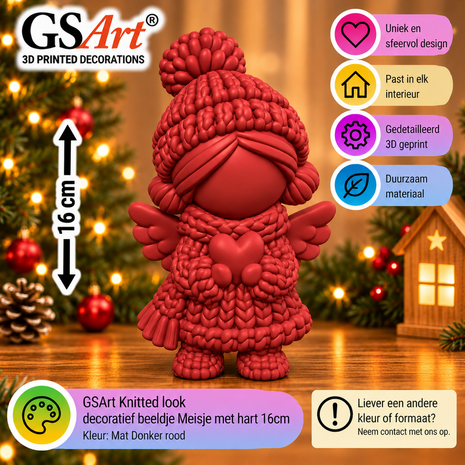 GSArt Knitted Look Meisje met Hart 16 cm &ndash; Kerst Engel Beeldje - Mat Donkerrood