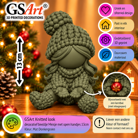 GSArt Knitted Look Meisje met Open Handjes 13 cm &ndash; Kerstdecoratie - Mat Donkergroen