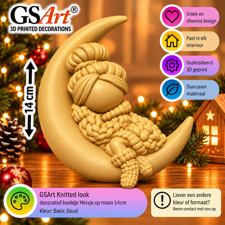 GSArt Knitted Look Meisje op Maan 14 cm &ndash; Kerstdecoratie Beeldje - Basic Goud