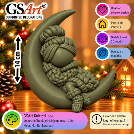 GSArt Knitted Look Meisje op Maan 14 cm &ndash; Kerstdecoratie Beeldje - Mat Donkergroen