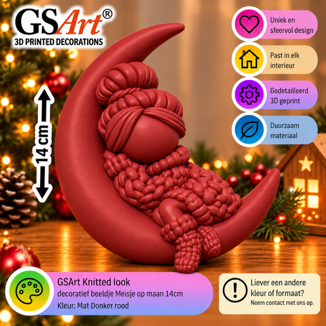 GSArt Knitted Look Meisje op Maan 14 cm &ndash; Kerstdecoratie Beeldje - Mat Donkerrood