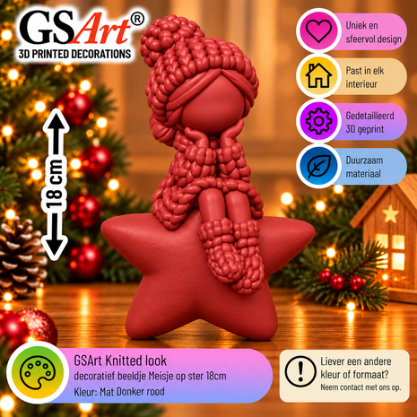 GSArt Knitted Look Meisje op Ster 18 cm &ndash; Kerstdecoratie Beeldje - Mat Donkerrood