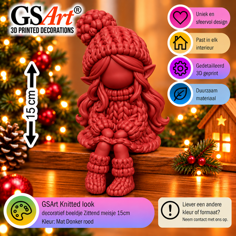 GSArt Knitted Look Zittend Meisje 15 cm &ndash; Kerstdecoratie Beeldje - Mat Donkerrood