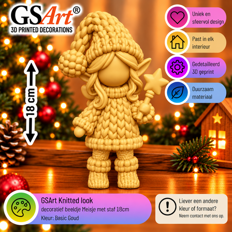 GSArt Knitted Look M&auml;dchen mit Sternenstab 18 cm &ndash; Weihnachtsdeko - Basic Goud