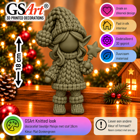 GSArt Knitted Look Meisje met Sterrenstaf 18 cm &ndash; Kerstdecoratie Beeldje - Mat Donkergroen