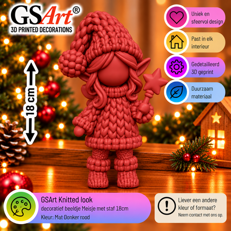 GSArt Knitted Look Meisje met Sterrenstaf 18 cm &ndash; Kerstdecoratie Beeldje - Mat Donkerrood