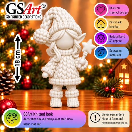 GSArt Knitted Look Meisje met Sterrenstaf 18 cm &ndash; Kerstdecoratie Beeldje - Mat Wit